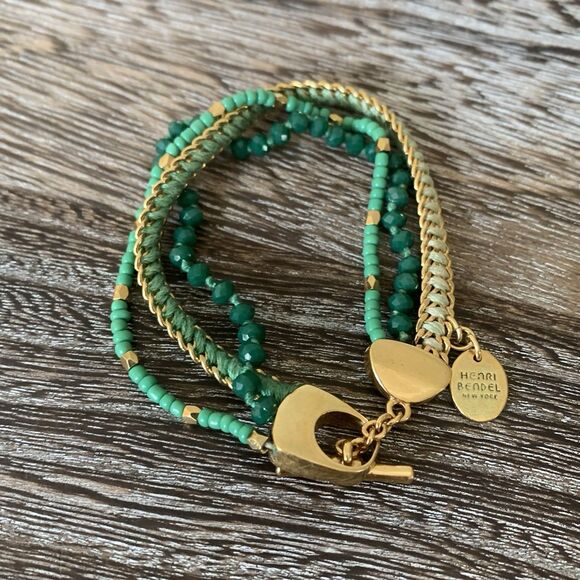 Henri Bendel Multi-strand Bracelet Gold Toggle Faceted Green Beads Signed Charm - Picture 8 of 13